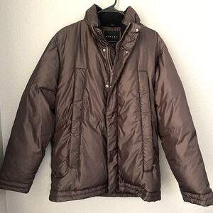 Sisley Down Puffer Jacket Womens Large Brown Full Zip Winter Feather Zip Pockets